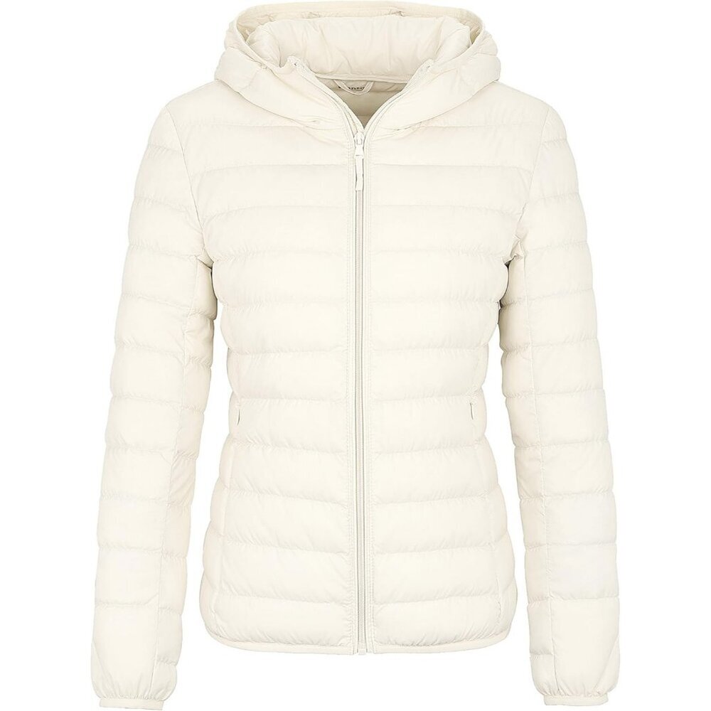 Women's Light Beige Short Down Hooded Puffer Jacket Coat Fabric Packable Ultra